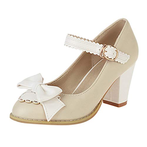 VulusValas Mujer Sweetie Mary Jane Zapatos Alto Tacón Ancho Pumps Hebilla Correa de Tobillo Zapatos Lazos Beige Size 38 Asiática