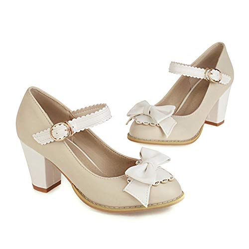 VulusValas Mujer Sweetie Mary Jane Zapatos Alto Tacón Ancho Pumps Hebilla Correa de Tobillo Zapatos Lazos Beige Size 38 Asiática