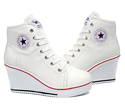 Wealsex Mujer Cuñas Zapatos De Lona High-Top Zapatos Casuales Encaje Talla Grande (Blanco,37)