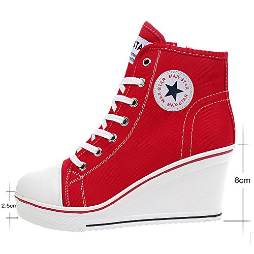 Wealsex Mujer Cuñas Zapatos De Lona High-Top Zapatos Casuales Encaje Talla Grande (Rojo,42)