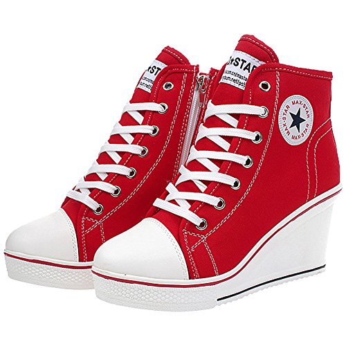 Wealsex Mujer Cuñas Zapatos De Lona High-Top Zapatos Casuales Encaje Talla Grande (Rojo,42)