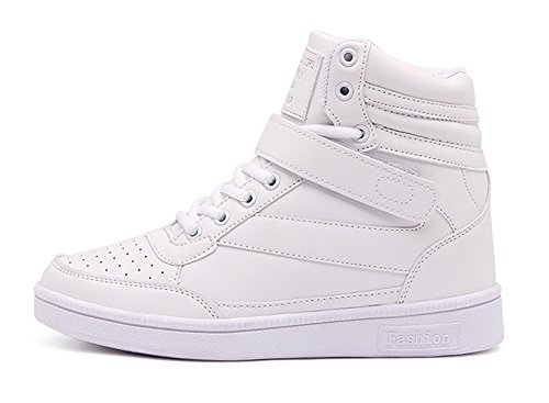 Wealsex Zapatillas de Cuña para Mujer Botas Botines Alta Zapatos Deportivos Oculto Talón Altura 3.5cm Interior Sneakers Blanco 38