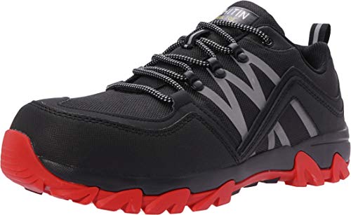 WHITIN Zapatos de Seguridad Hombres Zapatillas de Trabajo con Punta de Acero Ultra Liviano Reflectivo Anti-Deslizante Transpirable Zapatos de Industriay Construcción Negro Rojo 42 EU