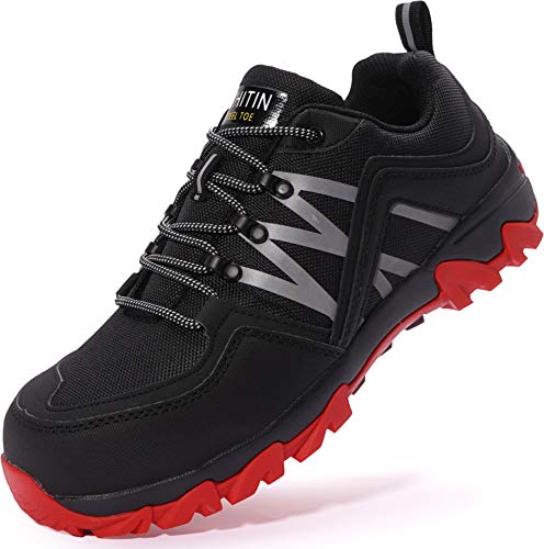 WHITIN Zapatos de Seguridad Hombres Zapatillas de Trabajo con Punta de Acero Ultra Liviano Reflectivo Anti-Deslizante Transpirable Zapatos de Industriay Construcción Negro Rojo 42 EU