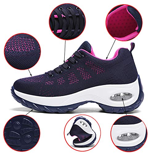 WOWEI Zapatillas Deportivas de Mujer Ligero Respirable Running Sneakers Mesh Plataforma Mocasines Zapatos de Cuña,Azul,40 EU