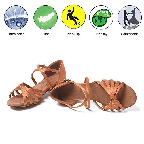 YKXLM Mujeres&Niña Zapatos latinos de baile Zapatillas de baile de salón Salsa Tango Performance Calzado de Danza,ES203,Marrón,EU 37.5