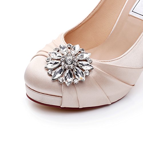 YOOZIRI Zapatos de boda de satén combinados con encaje y diamantes de imitación, zapatos de novia de tacón alto para mujer de 11,4 cm, color Beige, talla 36 EU