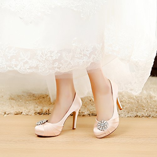 YOOZIRI Zapatos de boda de satén combinados con encaje y diamantes de imitación, zapatos de novia de tacón alto para mujer de 11,4 cm, color Beige, talla 36 EU