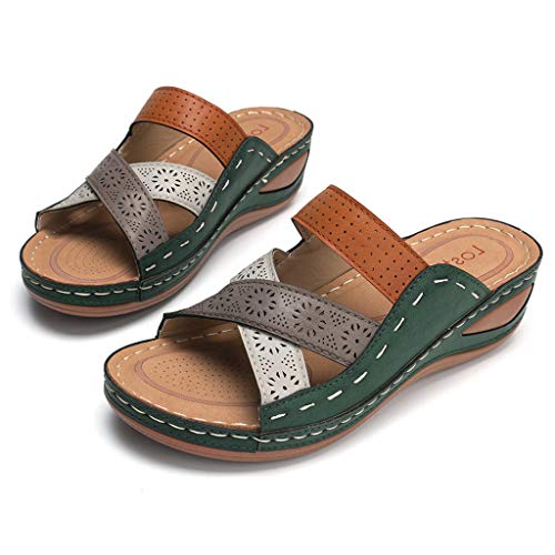 YWLINK Sandalias Romanas para Mujer Zapatillas De TacóN De CuñA Hueca De Verano Zapatos De Playa CóModos Y Antideslizantes Sandalias Planas Colorblock Talla Grande(Verde,40EU)