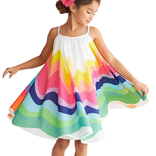 YWLINK Vestido De Fiesta NiñA Falda De Verano De Camisola Sin Mangas Falda De Playa Arcoiris Mezcla De AlgodóN Lindo Vestido De Princesa Falda De Baile Regalo De CumpleañOs(Multicolor,4-5 años)