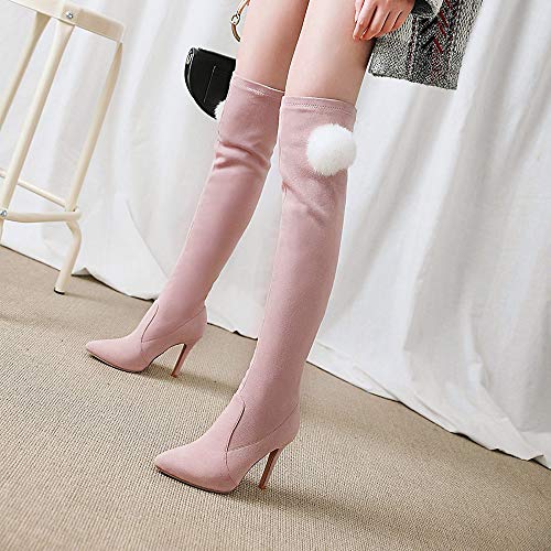 YZT QUEEN Mujer Botas sobre la Rodilla, Mangas elásticas únicas con Botas Altas de Gamuza hasta el Muslo, Botas Informales de tacón Alto con Pompones,Rosado,37EU/3.5UK