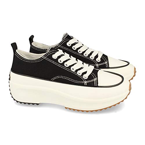 Zapatilla para Mujer, Comodas, Estilo Bamba y Casual, con Plataforma, Cierre de Cordones, Primavera Verano 2021. Talla 38 Negro