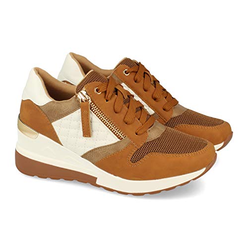 Zapatilla para Mujer, con Cuna, Cremallera de Adorno, y Cierre de Cordones, Primavera Verano 2021. Talla 39 Camel