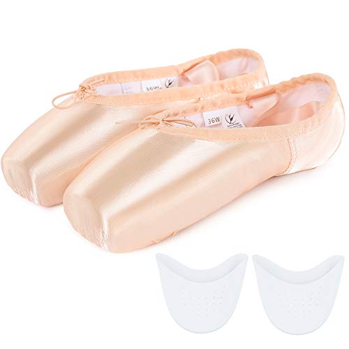 Zapatillas de Ballet de Punta Zapatillas de Danza Profesionales Rosadas con Cinta Cosida y Almohadillas de Silicona para niñas y Mujeres