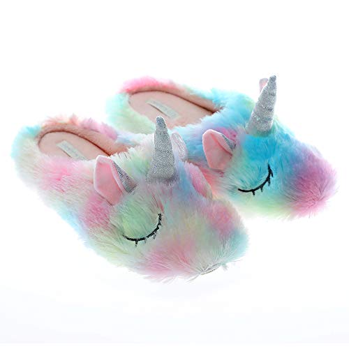 Zapatillas de unicornio de animales lindos | Zapatillas de unicornio arcoíris | Alce elfo de peluche para el hogar | Zapatillas de regalo para niñas (5-6 mujeres de EE. UU., unicornio rosa)