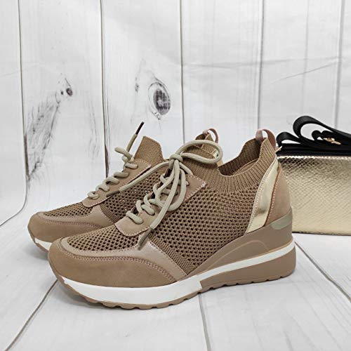 Zapatillas Deportivas Mujer con Estilo | Bambas Comodas Cuña | Tenis Plataforma Casual Perforado (Beige, Numeric_41)