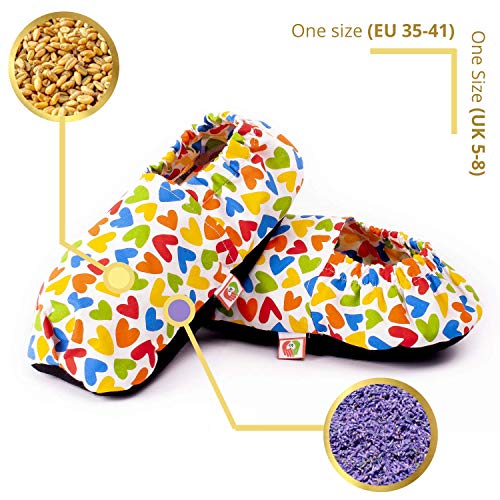 Zapatillas Térmicas de Semillas - Pantuflas Calientapiés Calentar en Microondas (Talla Única) - Bolsa de Calor para Pies Fríos con Funda Lavable, Tela de Algodón 100% y Olor a Lavanda (Corazones)