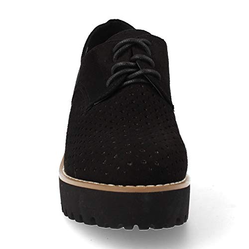 Zapato Mujer Perforado Estilo Oxford con Tacon Plataforma Estilo Biker Primavera Verano 2019. Talla 37 Negro