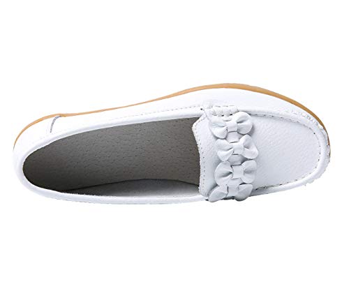 Zapatos de Cuero Cuña para Mujer Mocassins Planos Loafers Antideslizante Otoño Invierno Casual Derby,Blanco,EU 37.5 =CN 38