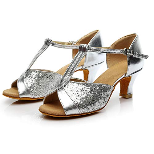 Zapatos de Latino Baile Tacón Bajo para Mujer Invierno Primavera PAOLIAN Zapatos Danza Española Moderna Fiesta Elegantes Boda Sandalias de Vestir Lentejuelas Plateados Dorados Tallas Grandes