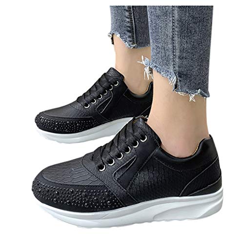 Zapatos Deportivos Mujer Altos Brillantes Cuña Moda de Cuero con Cordones Suela Suave Zapatillas de Deporte para Correr Zapatos Casuales Baratos 36-42EU 0201