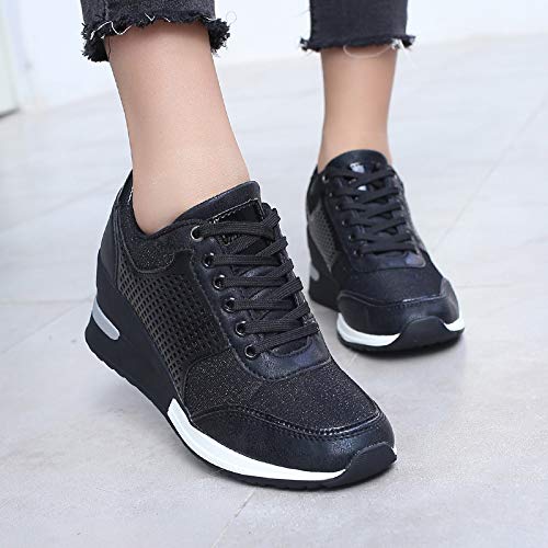 Zapatos para Correr para Mujer Tacones con cuña Zapatillas de Deporte Zapatos Deportivos Transpirables para Mujer Zapatos con Punta Redonda con Cordones Malla de Cuero Antideslizante