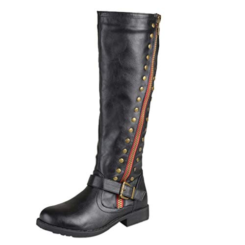 ZODOF botas altas mujer Cuero de imitación Plano Tacones Becerro Largo Equitación Rodilla Alto Botas Zapatos tamaño(Negro,38 EU)