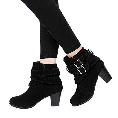 ZODOF Moda Mujer Invierno Botines Chelsea Tacón Alto Tobillo Botas Señoras Plataforma Zapatos Altos Talones Otoño Zapatos Fiesta Boda Sexy Rivet Hebilla Romano Botas Botines 34-42