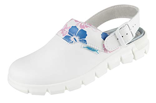 Abeba Clog 7320 Dynamic - Zuecos de Piel Lisa, Color Blanco con Estampado Floral, Certificado 37