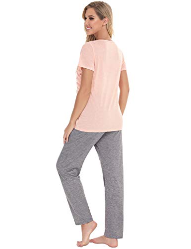 Abollria Mujer Ultra Suave Maternidad & Lactancia Las Pijama Conjunto,Manga Corta Cuello en V Lactancia Superior + Pantalones Largos Conjunto de Pijamas Embarazo Ropa de Dormir 2 Piezas