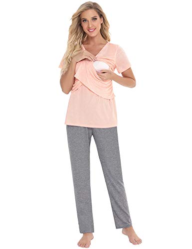 Abollria Mujer Ultra Suave Maternidad & Lactancia Las Pijama Conjunto,Manga Corta Cuello en V Lactancia Superior + Pantalones Largos Conjunto de Pijamas Embarazo Ropa de Dormir 2 Piezas