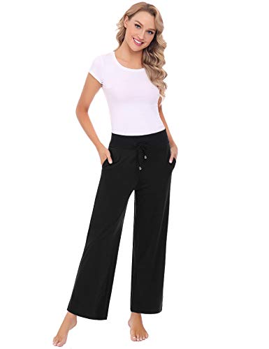 Abollria Pantalones de Algodón para Mujer Sueltos Pantalones de Pierna Ancha con Bolsillos Verano Casual Pantalón de Yoga con Cordón Pants de Impresión con Cintura Alta