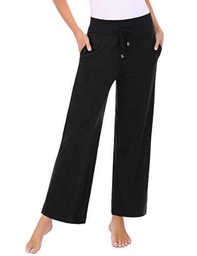 Abollria Pantalones de Algodón para Mujer Sueltos Pantalones de Pierna Ancha con Bolsillos Verano Casual Pantalón de Yoga con Cordón Pants de Impresión con Cintura Alta