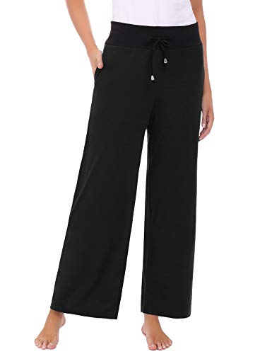 Abollria Pantalones de Algodón para Mujer Sueltos Pantalones de Pierna Ancha con Bolsillos Verano Casual Pantalón de Yoga con Cordón Pants de Impresión con Cintura Alta