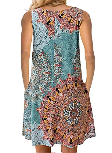 Abravo Mujer Vestido Estampado Floral sin Mangas Vestido Casual Corto Playa con un Bolsillo,Azul,L