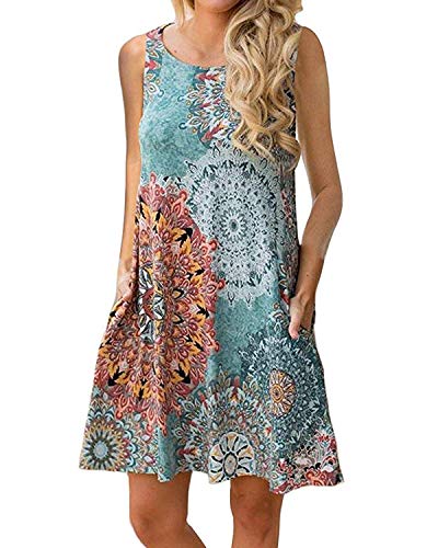 Abravo Mujer Vestido Estampado Floral sin Mangas Vestido Casual Corto Playa con un Bolsillo,Azul,L