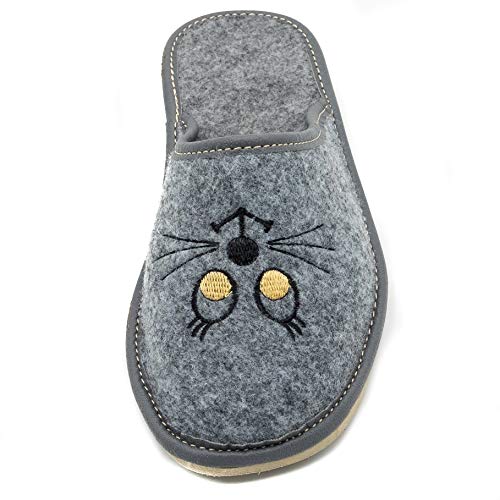 ABsoft - Pantuflas para mujer de 100 % fieltro con gatos bordados, color Gris, talla 39 EU