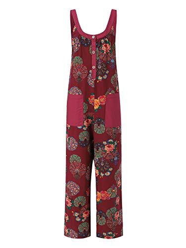 ACHIOOWA Mono para Mujer Peto de Pantalones Flor Impresa Casual Ajustable Correa Rompers Largo Sin Mangas Monos de harén Mono de Pierna Ancha Overalls con Bolsillo F-Rojo XXL