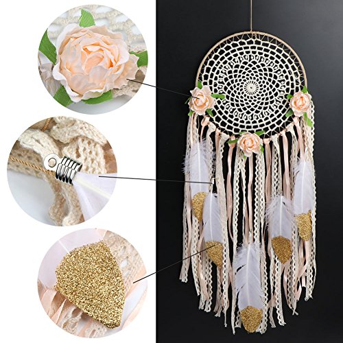 AerWo Kit de bricolaje Dream Catcher con brillo de oro Pluma de pared ornamento del arte del regalo para Baby Shower Boho decoraciones del partido