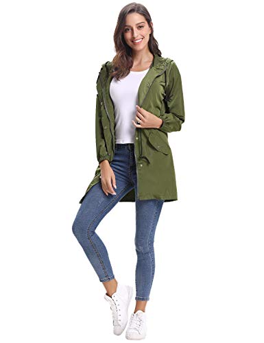 Aibrou Chaqueta Impermeable mujer,Chaqueta Cortavientos Running Abrigo Impermeable con Capucha Chubasquero impermeable Deportivo Chuvasqueros de lluvia Primavera , Ejercito Verde , M