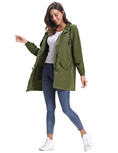 Aibrou Chaqueta Impermeable mujer,Chaqueta Cortavientos Running Abrigo Impermeable con Capucha Chubasquero impermeable Deportivo Chuvasqueros de lluvia Primavera , Ejercito Verde , M