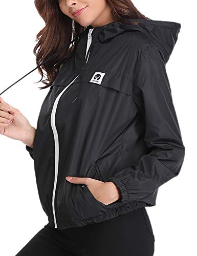 Aibrou Chubasquero Impermeable Deportivo para Mujer,Abrigo Impermeables con Capucha,Chuvasqueros de Lluvia Chaqueta Cortavientos Running  para Primavera, (Negro, L)