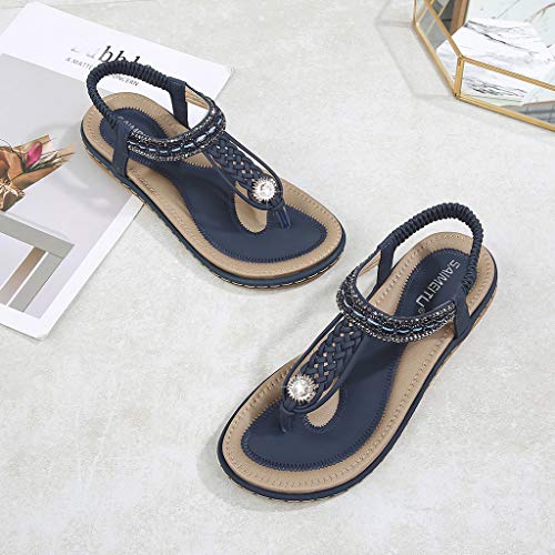 AIni Sandalias Mujer Verano Planas Ofertas Damas Rhinestone Weave Tiras Cruzadas Toe Retro Roman Shoes Sandalias Pisos Zapatos De Mujer CóModos con Plataforma Sandalias Azul,NegroDia De Miembro36-44