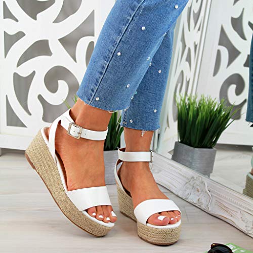 AIni Sandalias Mujer Verano Roman Paja Tejido Zapatos De CuñA con Altas Tacon 5cm Zapatillas Hebillas De Plataforma De Tejido Impermeable Planas Sandalias De Leopardo NegroDia De Miembro Oferta35-43