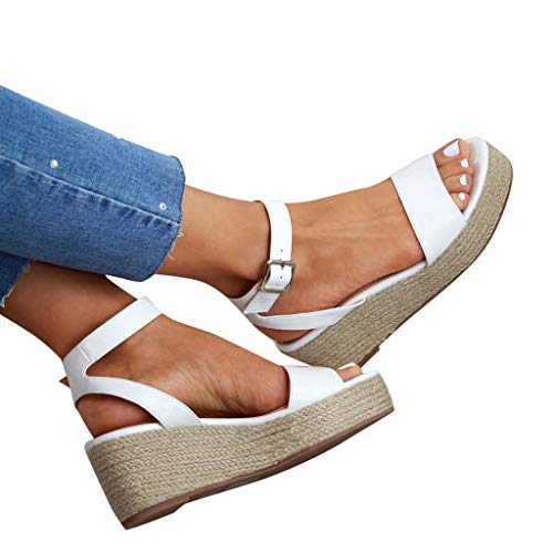 AIni Sandalias Mujer Verano Roman Paja Tejido Zapatos De CuñA con Altas Tacon 5cm Zapatillas Hebillas De Plataforma De Tejido Impermeable Planas Sandalias De Leopardo NegroDia De Miembro Oferta35-43