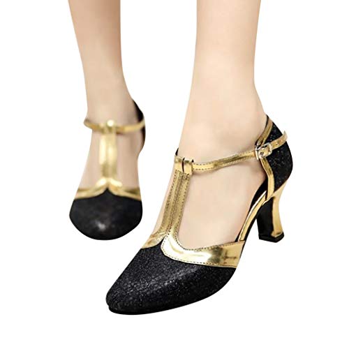 AIni Zapatos de Baile Latino para Mujer Tacones de Alto Rendimiento Zapatos con Hebilla Redonda Zapatos de Vestir Vintage Zapatos de Baile de Moda Talla Grande Negro, Plata, Oro, Azul, Café 35-41 EU