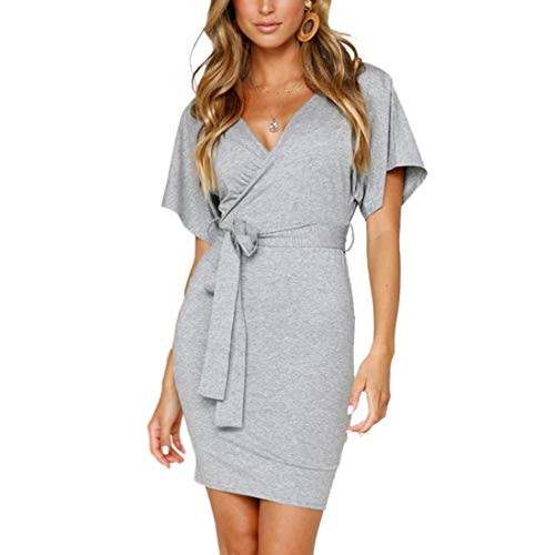 Ajpguot Verano Mujer Color Sólido Vestido de Cadera Cuello Sexy V-Cuello Manga Corta Vestidos con Cinturón Mini Dress Elegante Bodycon Corto Vestidos de Fiesta (S, Gris)