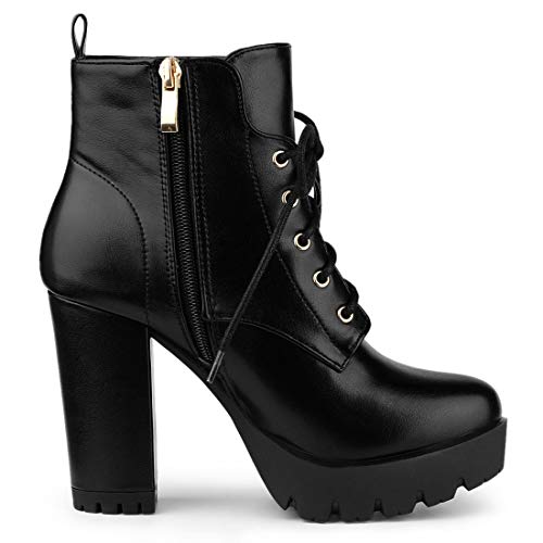 Allegra K Botas con Plataforma Cordón Arriba Tacón Grueso Punta Redonda para Mujeres - Negro/US 6, EU 36