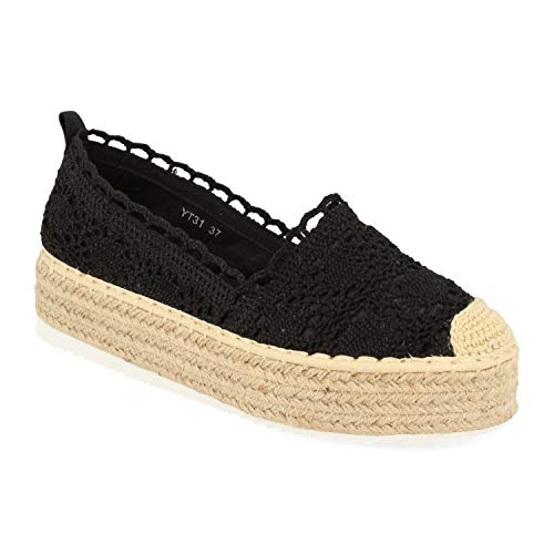 Alpargata de Plataforma para Mujer con Yute, Corte con Encaje de Punto, Punta Crochet y Suela Confort de Goma Eva. Primavera Verano 2020. Talla 38 Negro