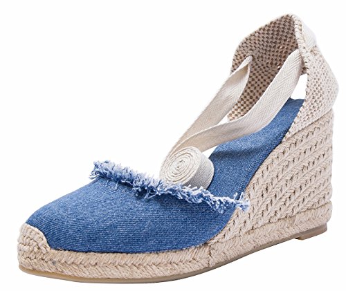 Alpargatas de cuña de Mezclilla clásicas para Mujer con Cordones Azules (B) 35